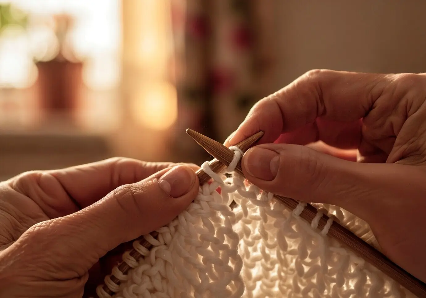 Hände beim Stricken mit Holzstricknadeln.
